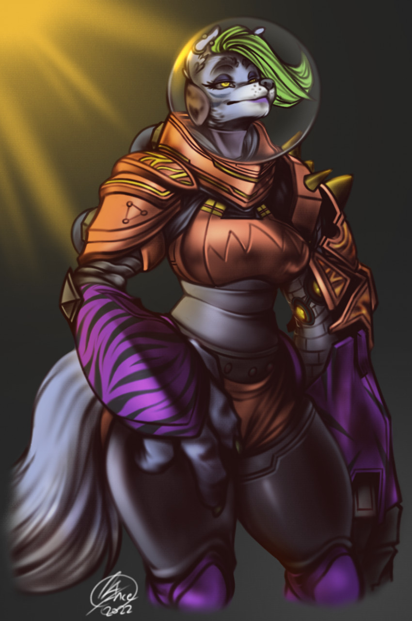 anthro arm_cannon arm_spikes arm_warmers armor armwear bottomwear canid canine canis clothing colored cybernetics cyborg digital_media_(artwork) digital_painting_(artwork) ear_piercing fazerblaster female five_nights_at_freddy's five_nights_at_freddy's:_security_breach florecentmoo green_hair hair hi_res hotpants light lipstick machine makeup mammal piercing purple_lipstick roxanne_wolf_(fnaf) science_fiction scottgames shorts shoulder_spikes solo spacesuit spikes spikes_(anatomy) standing sunlight thousand_yard_stare video_games wolf yellow_eyes