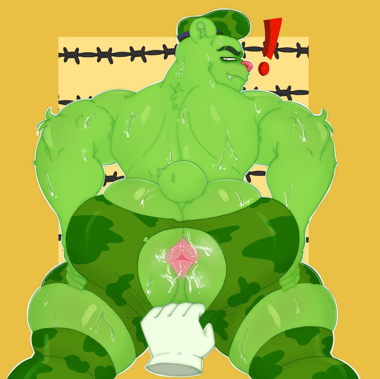 2022 anthro anus back_muscles barbed_wire beret big_butt bodily_fluids border bottomwear bottomwear_pull bubble_butt butt butt_squish camo clothed clothing clothing_pull disembodied_hand exclamation_point eyebrows flippy_(htf) fur green_body green_fur happy_tree_friends hat headgear headwear hi_res hotpants huge_butt legwear local_candybot looking_back male mammal muscular muscular_anthro muscular_male narrowed_eyes perineum pink_anus rear_view shorts shorts_pull simple_background smile solo squish standing sweat sweaty_anus sweaty_butt thick_thighs thigh_highs topless topless_anthro topless_male torn_bottomwear torn_clothing torn_shorts tuft ursid wet wet_body wet_fur yellow_background yellow_border