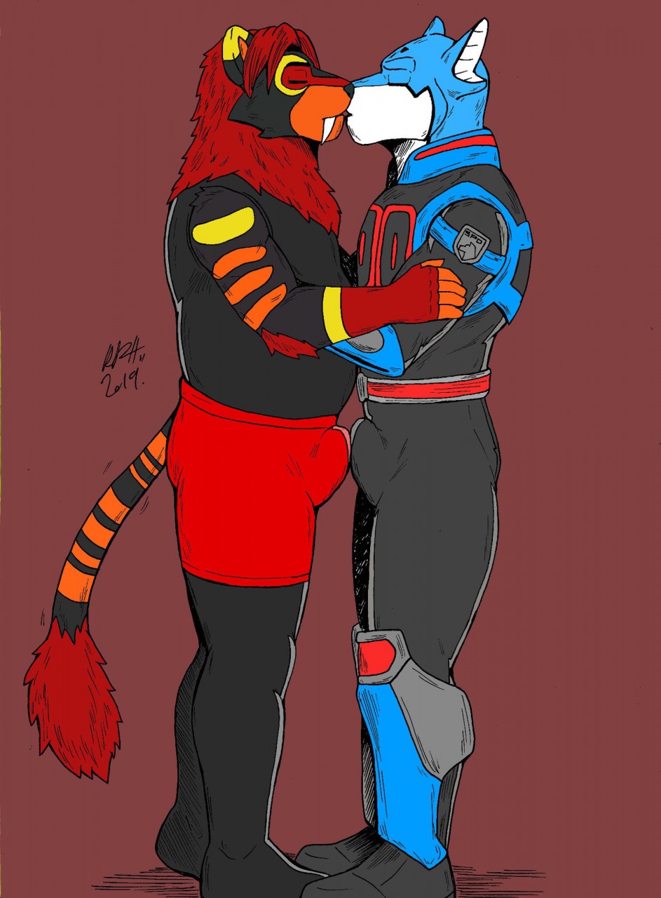 anthro boots bulge clothing dekaranger doggie_kruger duo felid footwear hi_res hybrid inferno_sabercat kissing liger lion male mammal pantherine penises_touching power_rangers spandex tight_clothing topgearae86turbo