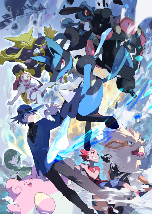 2boys 3girls :d alakazam arcanine artist_name black_dress black_hair bow braid braided_ponytail buck_(pokemon) chansey cheryl_(pokemon) claydol closed_mouth dress e_volution egg green_hair grin hair_bow long_hair lucario marley_(pokemon) mira_(pokemon) multiple_boys multiple_girls open_mouth pantyhose pink_hair pokemon pokemon_(creature) pokemon_(game) pokemon_dppt purple_shorts red_eyes red_hair red_shirt riley_(pokemon) riolu shirt short_hair short_sleeves shorts smile teeth v-neck white_bow white_pantyhose