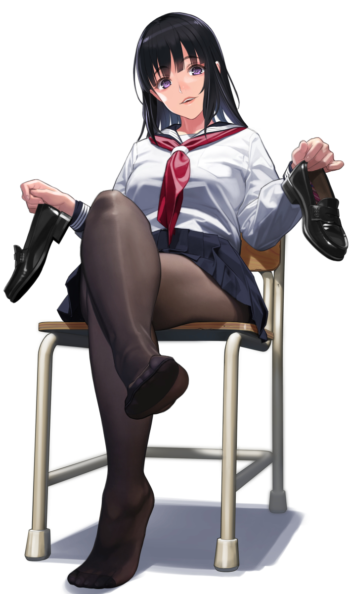 1girl bangs black_footwear black_hair black_pantyhose black_sailor_collar black_skirt breasts chair crossed_legs full_body highres holding holding_shoes long_hair looking_at_viewer mibu_natsuki neckerchief on_chair open_mouth original pantyhose purple_eyes red_neckerchief sailor_collar school_chair school_uniform serafuku shirt shoes shoes_removed sitting skirt smile solo teeth toes upper_teeth white_background white_shirt