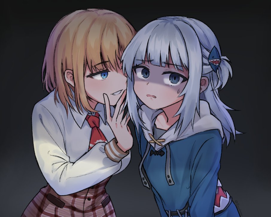 2girls :d animal_costume bangs blonde_hair blue_eyes blue_hair blue_hoodie blunt_bangs breasts collared_shirt commentary cowboy_shot d: detective drawstring english_commentary freudnim furrowed_brow gawr_gura grey_hair grin hair_ornament hand_up hololive hololive_english hood hoodie jitome long_hair long_sleeves looking_at_another looking_at_viewer medium_breasts medium_hair multicolored_hair multiple_girls no_capelet one_eye_covered shaded_face shark_costume shark_girl shark_hair_ornament shiny shiny_hair shirt sidelocks small_breasts smile streaked_hair sweatdrop two_side_up upper_body virtual_youtuber watson_amelia white_hair white_hood white_shirt