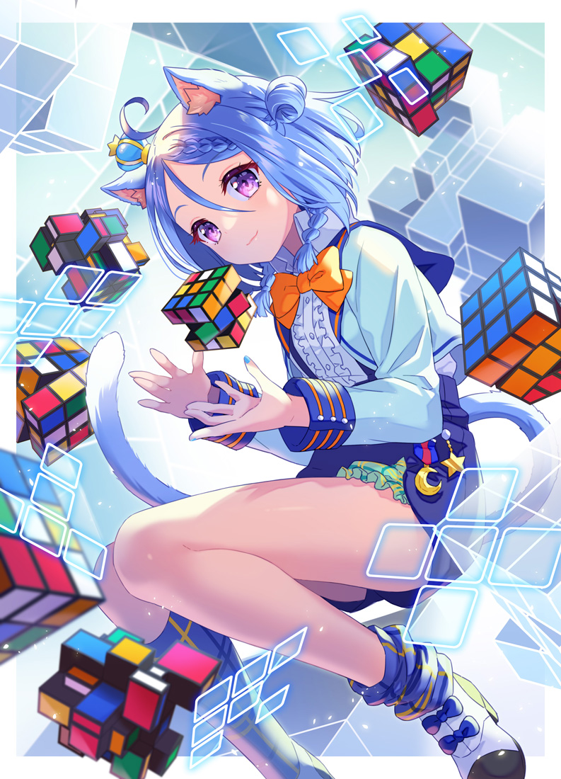 1girl ahoge animal_ear_fluff animal_ears aqua_bloomers bloomers blue_bow blue_hair blue_jacket blue_nails blue_shorts blue_socks bob_cut border bow bowtie braid buttons cat_ears cat_girl cat_tail center_frills charm_(object) closed_mouth crescent cropped_jacket crown floating floating_object foot_out_of_frame footwear_bow french_braid frilled_shirt frills green_bloomers hair_between_eyes high_heels hisana hood hood_down hooded_jacket jacket kneehighs long_sleeves looking_at_viewer loose_kneehigh mini_crown nail_polish open_clothes open_jacket orange_bow orange_bowtie original outside_border plaid_socks purple_eyes rubik's_cube shirt shoes short_hair short_shorts shorts smile socks solo star_(symbol) tail twin_braids underwear white_border white_footwear white_shirt