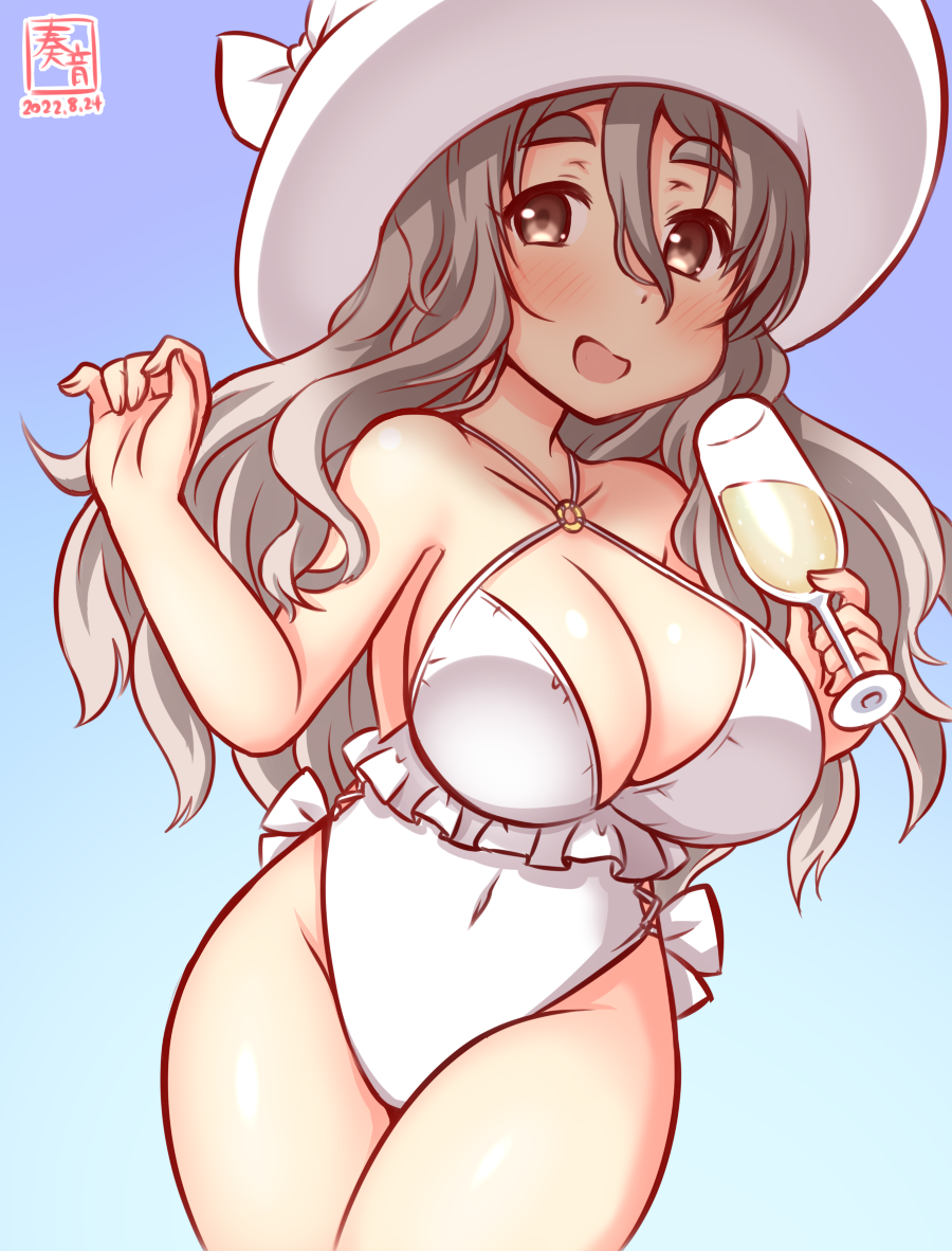 1girl artist_logo blue_background breasts brown_eyes casual_one-piece_swimsuit champagne_flute cleavage commentary_request cosplay covered_navel cowboy_shot criss-cross_halter cup dated drinking_glass frilled_swimsuit frills gradient gradient_background grey_hair halterneck hat highleg highleg_swimsuit kanon_(kurogane_knights) kantai_collection large_breasts looking_at_viewer one-hour_drawing_challenge one-piece_swimsuit pola_(kancolle) sagiri_(kancolle) sagiri_(kancolle)_(cosplay) side-tie_swimsuit smile solo sun_hat swimsuit thick_eyebrows wavy_hair white_headwear white_swimsuit