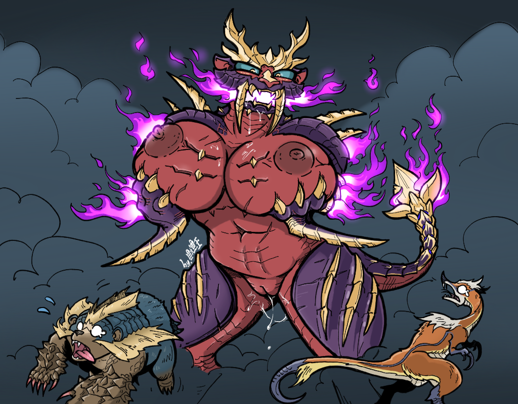 animal_humanoid arzuros big_breasts big_butt breasts butt capcom dragon dragon_humanoid fanged_wyvern felid felid_humanoid female feral fire flaming_tail genitals group gynomorph humanoid intersex izuchi long_tail magnamalo mammal mammal_humanoid monster_hunter pantherine plump_labia primatius pussy scalie scalie_humanoid squidking thick_thighs tiger trio video_games