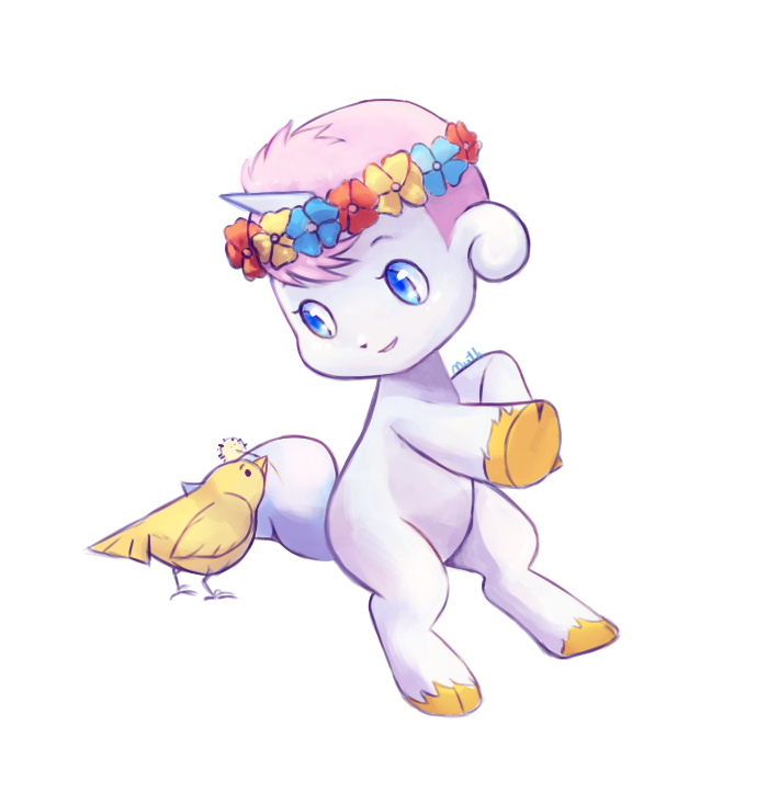 2019 avian baby beady_eyes bird blue_body blue_eyes blue_fur child digital_drawing_(artwork) digital_media_(artwork) equid equine eyelashes feathers feral flower flower_accessory flower_crown fur happy hooves horn male mammal osamu_tezuka plant sanrio signature sitting smile solo unico unico_(series) unicorn welcome-to-moonside yellow_body yellow_feathers young