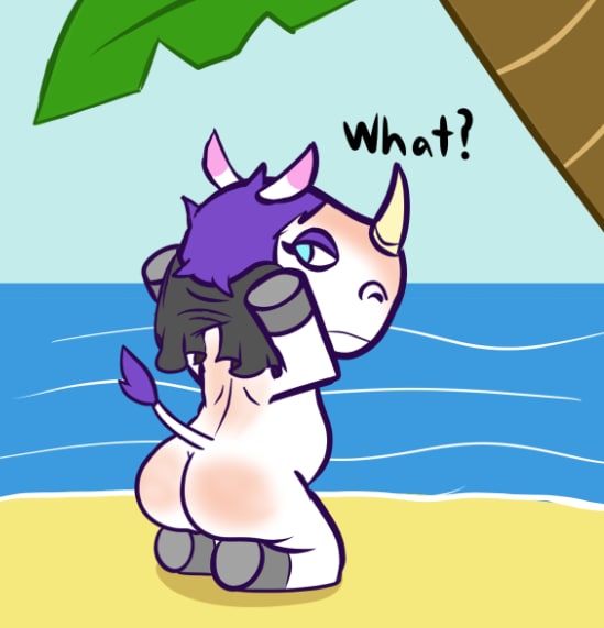 animal_crossing anthro beach butt female looking_back mammal nintendo nude rhinocerotoid rhonda_(animal_crossing) seaside solo sunburn towel video_games weirdkoaladream