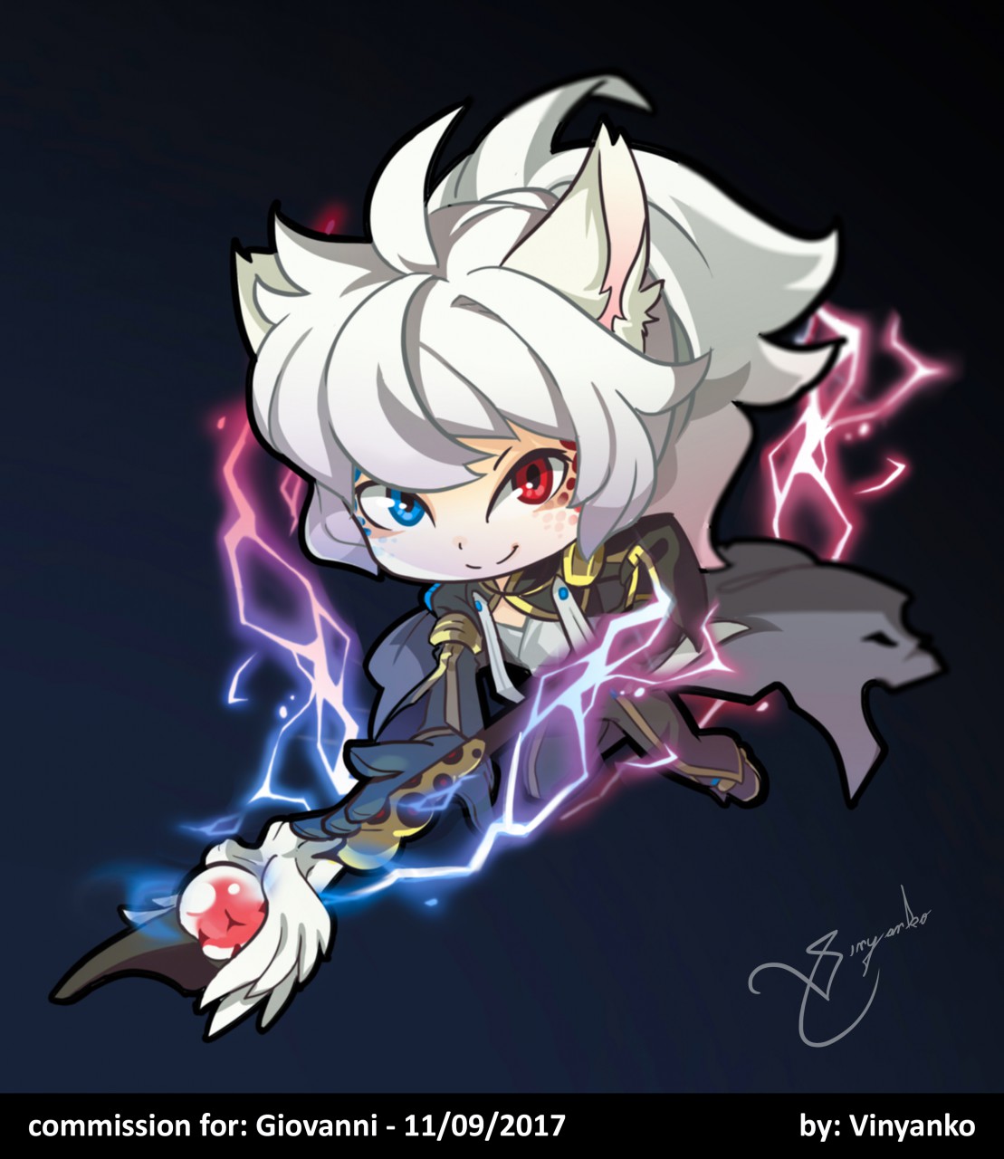 blue_eyes chibi clothed clothing female glistening glistening_eyes grey_cape hair hi_res holding_object holding_staff humanoid looking_at_viewer magic_user messy_hair pink_inner_ear red_eyes short_hair signature simple_background smile solo staff vinyanko white_ears white_hair