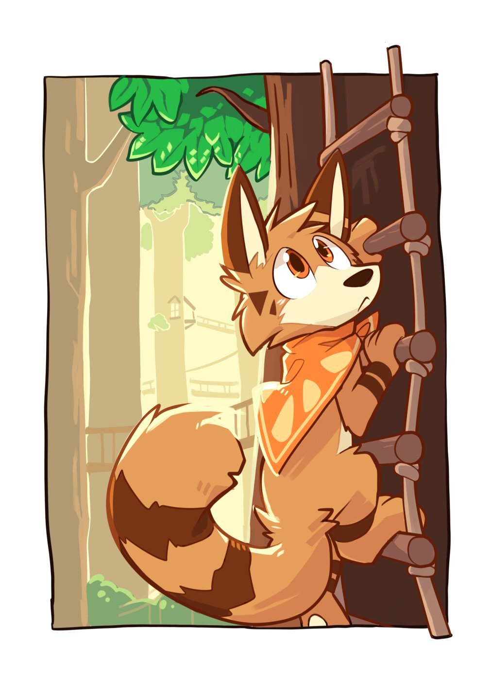 2022 anthro building cheek_tuft climbing detailed_background digital_media_(artwork) dipstick_ears facial_tuft forest fur hi_res house ladder leaf looking_up male mammal multicolored_body multicolored_ears multicolored_fur pawpads paws plant rodent rope rope_ladder scarf sciurid semi-anthro shrub solo tail_tuft tardor tree tuft tufted_fur