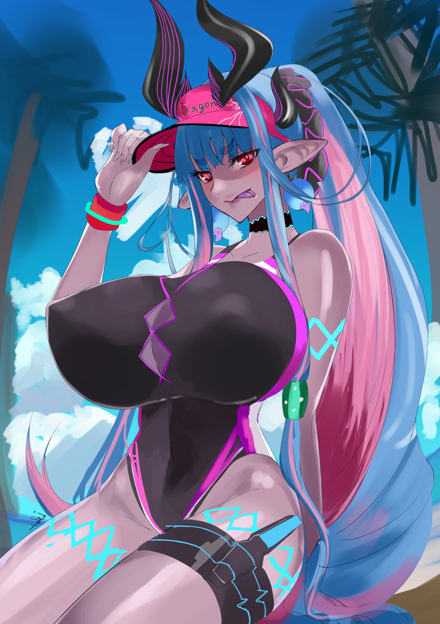 1girl aya_roushi bangs bare_shoulders black_swimsuit blue_hair blue_sky blush body_markings breasts cleavage collarbone colored_skin covered_navel earrings fate/grand_order fate_(series) grey_skin hair_between_eyes highleg highleg_swimsuit highres horns huge_breasts ibuki_douji_(fate) ibuki_douji_(swimsuit_berserker)_(fate) jewelry long_hair looking_at_viewer multicolored_hair one-piece_swimsuit oni oni_horns palm_tree pink_hair pink_headwear pink_swimsuit pointy_ears ponytail red_eyes sidelocks sky smile swimsuit tail thigh_strap thighs tongue tongue_out tree two-tone_swimsuit visor_cap wristband