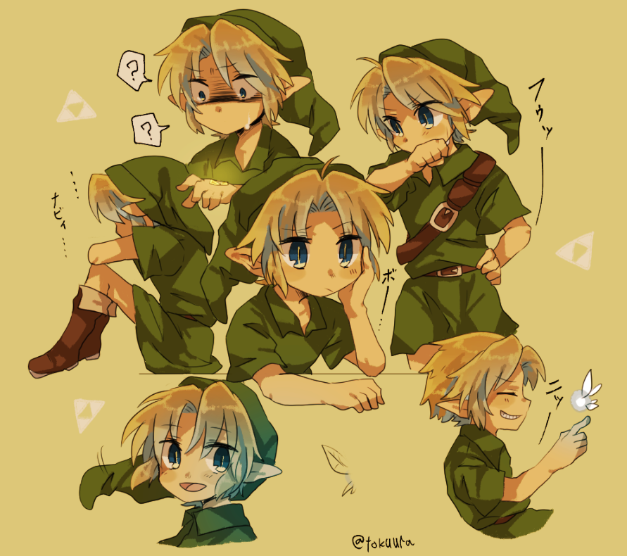 1boy bangs belt blonde_hair blue_eyes child fairy fairy_wings green_headwear green_shirt hat link male_child male_focus multiple_persona navi pointy_ears shirt short_hair the_legend_of_zelda the_legend_of_zelda:_ocarina_of_time tokuura triforce triforce_print wings young_link