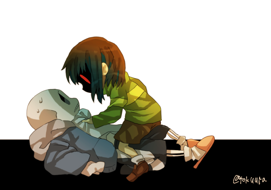 1boy 1other androgynous barefoot brown_hair brown_shorts chara_(undertale) clothes_grab green_shirt heart heart_necklace hood hood_down hoodie jacket_grab jewelry necklace red_eyes sans shaded_face shirt shorts simple_background skeleton subtitled sweat tokuura undertale