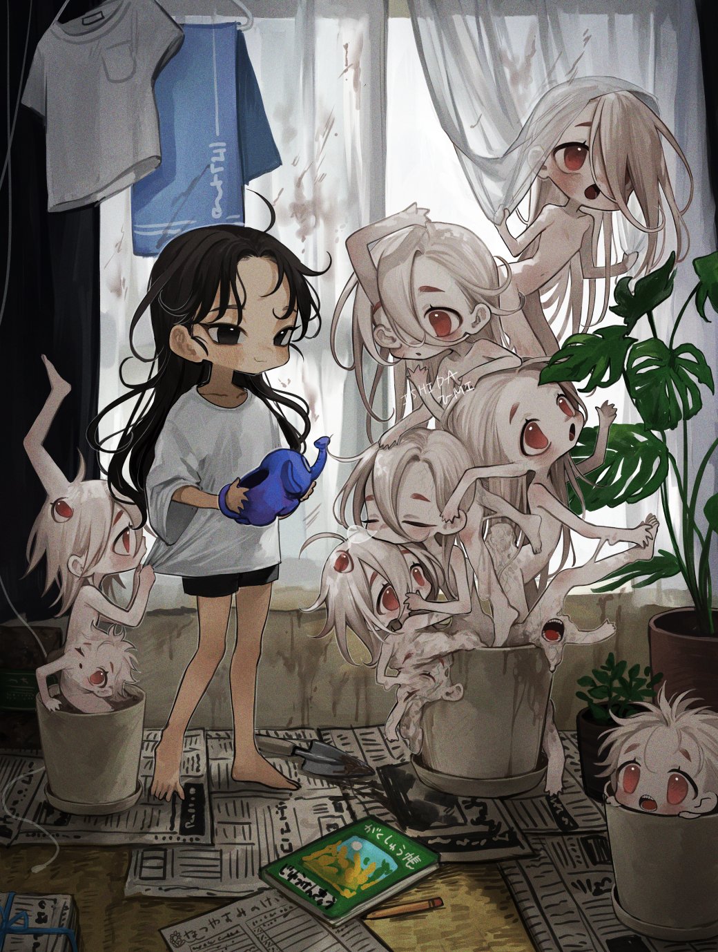 2boys 6+girls ahoge artist_name bangs bare_legs barefoot black_hair black_shorts body_horror book closed_eyes colored_skin conjoined curtain_grab curtains day drying drying_clothes full_body hair_between_eyes hair_over_one_eye highres holding holding_watering_can indoors ishida_umi long_hair looking_at_another monstera_deliciosa multiple_boys multiple_girls newspaper nose_bubble open_mouth original oversized_clothes oversized_shirt plant potted_plant red_eyes shirt shirt_grab short_shorts short_sleeves shorts sleeping smile standing t-shirt teeth trowel watering_can watermark white_hair white_shirt white_skin window