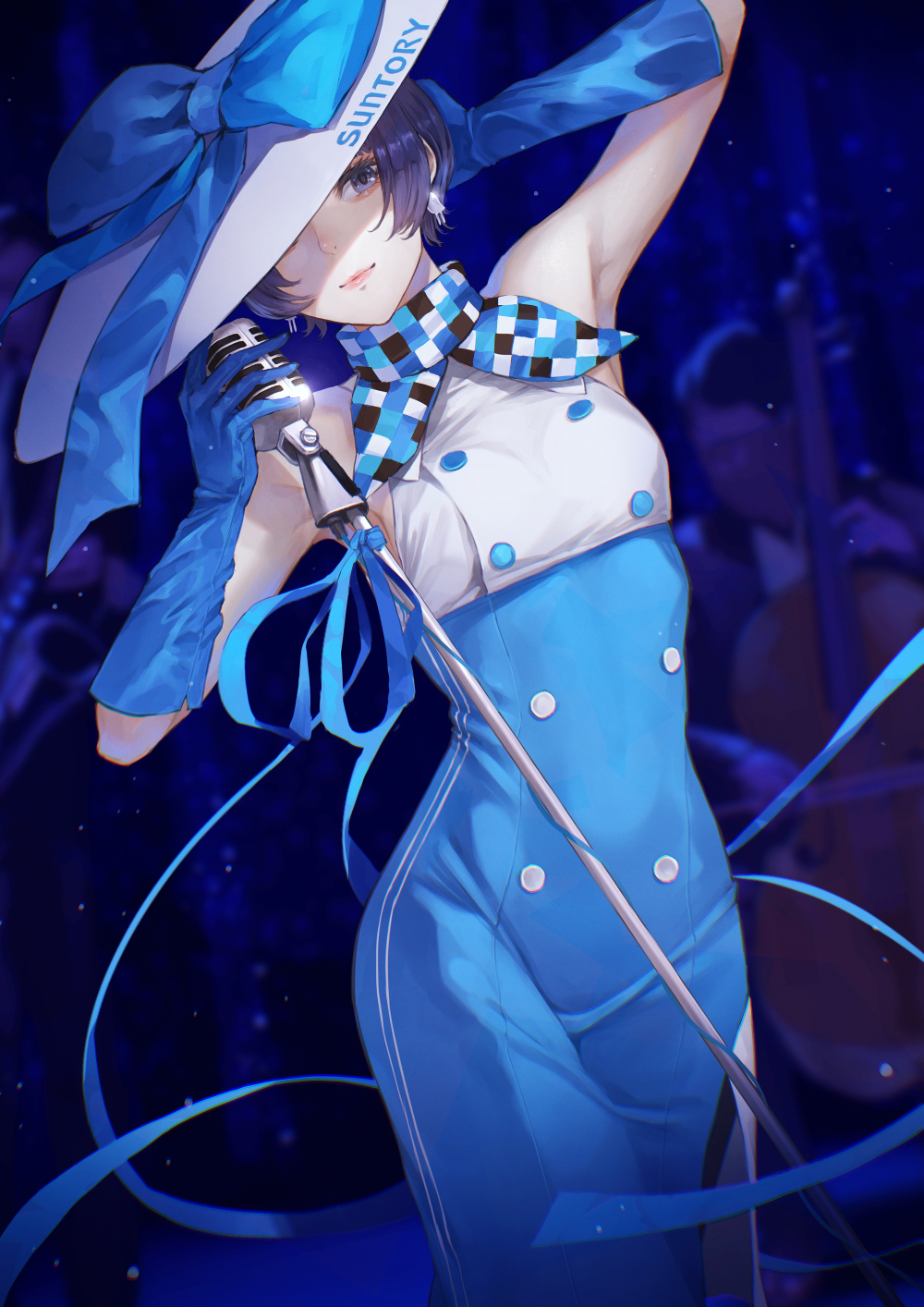 1girl arm_up armpits bare_shoulders black_eyes black_hair blue_bow blue_gloves blue_ribbon blurry blurry_background bow cello checkered_neckerchief closed_mouth dress dutch_angle earrings elbow_gloves english_text gloves hand_on_own_head hat hat_bow highres holding holding_microphone instrument jewelry kaoming light_particles microphone microphone_stand mixed-language_commentary neckerchief one_eye_covered ribbon short_hair sidelocks sleeveless sleeveless_dress smile solo_focus stage standing sun_hat suntory suntory_nomu text_print tilted_headwear two-tone_dress white_headwear