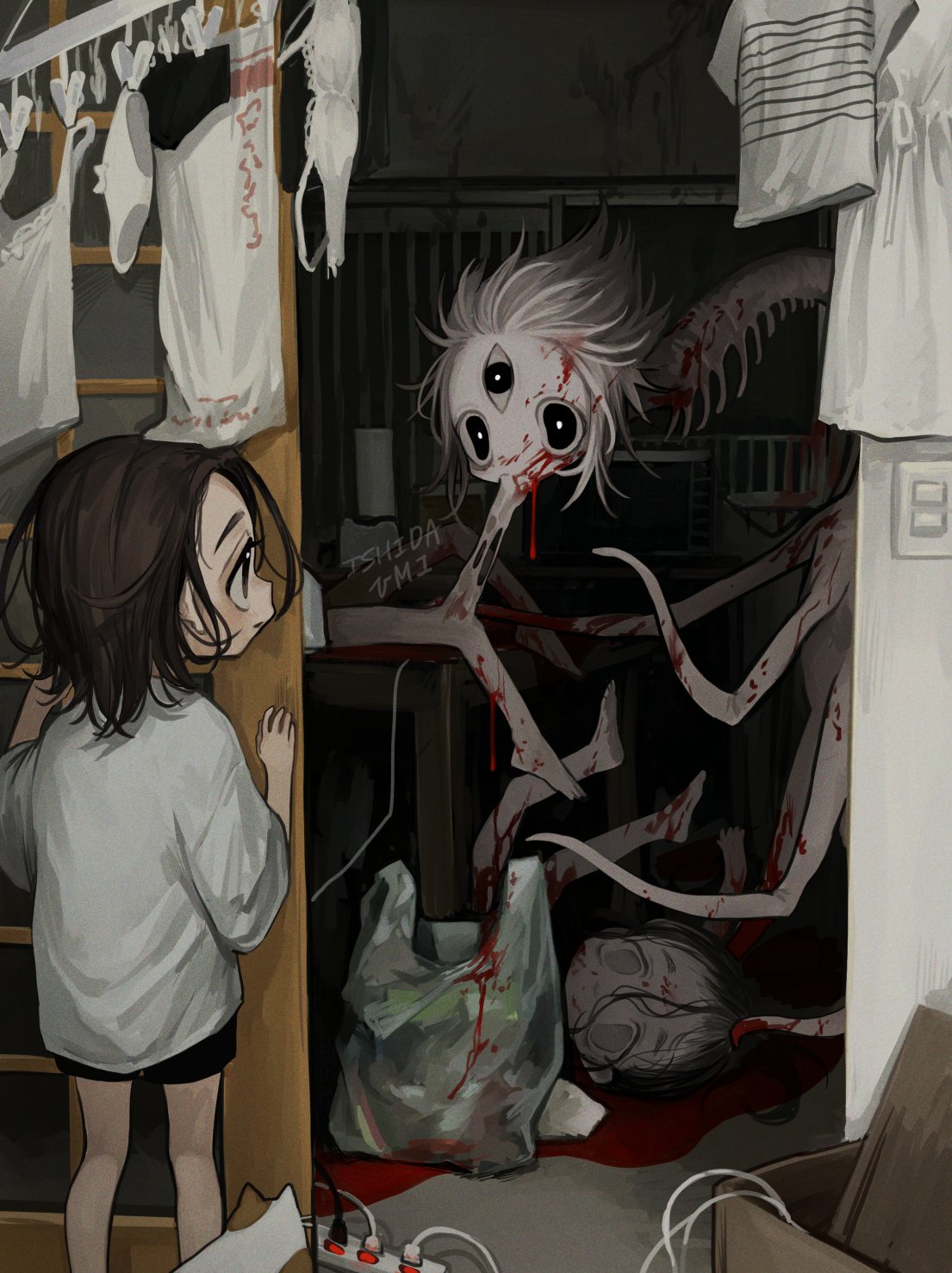 1other 3girls artist_name bag biting black_eyes black_shorts blood blood_from_mouth blood_on_face blood_on_ground brown_hair cable cannibalism cat colored_skin corpse dark death drying drying_clothes eating feet_out_of_frame from_behind guro highres horror_(theme) indoors ishida_umi long_neck looking_at_another medium_hair monster_girl multiple_girls original oversized_clothes oversized_shirt parted_lips plastic_bag pool_of_blood power_strip shirt short_hair shorts sliding_doors standing t-shirt tentacles third_eye trash_bag watermark white_eyes white_hair white_shirt white_skin