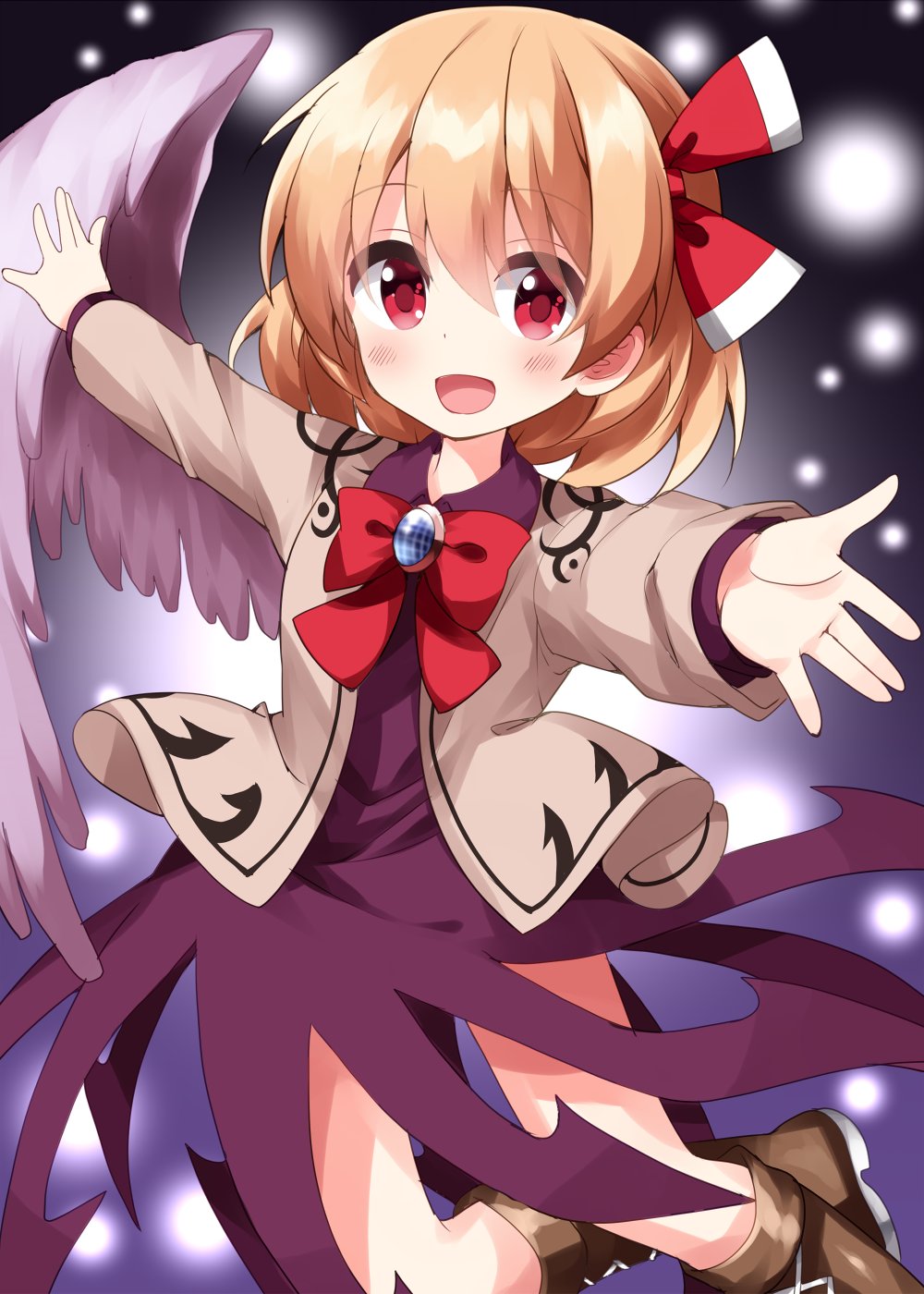 1girl blonde_hair cosplay feathered_wings highres kishin_sagume kishin_sagume_(cosplay) one-hour_drawing_challenge outstretched_arms purple_skirt red_eyes rumia ruu_(tksymkw) short_hair single_wing skirt solo spread_arms touhou white_wings wings