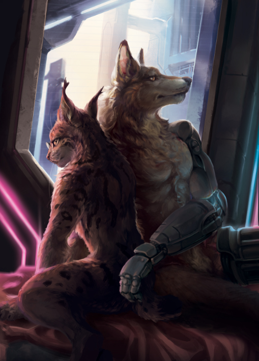 anthro black_nose brown_body brown_fur canid duo eyewear featureless_crotch felid fur glasses inside male mammal narrowed_eyes neck_tuft neon_lights nude prosthetic prosthetic_arm prosthetic_leg prosthetic_limb sitting tan_body tan_fur tuft vinyanko whiskers