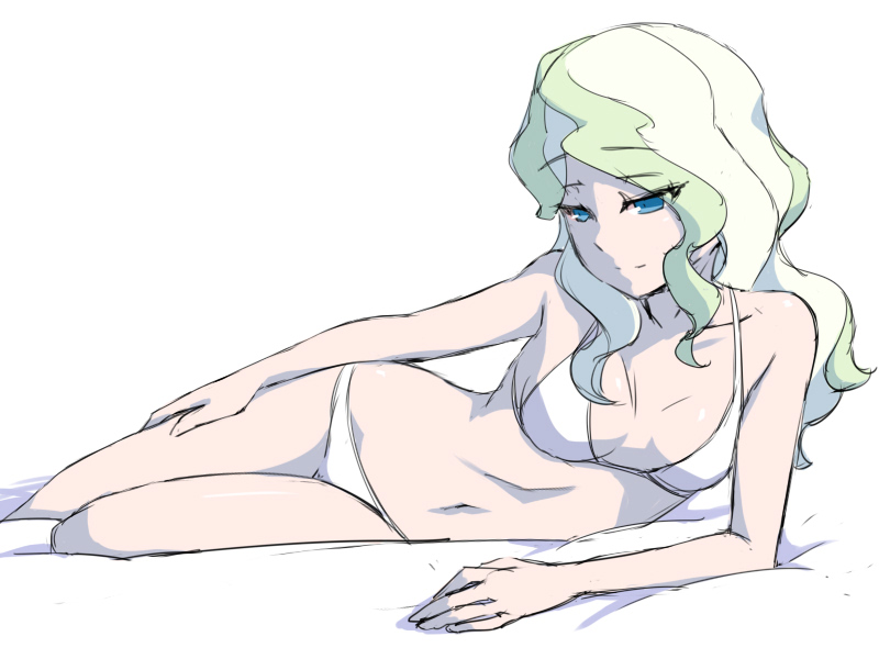 1girl bikini blonde_hair blue_eyes blush breasts cleavage closed_mouth collarbone diana_cavendish little_witch_academia long_hair lying medium_breasts navel on_side satochi shiny shiny_skin simple_background sketch smile solo swimsuit white_background white_bikini