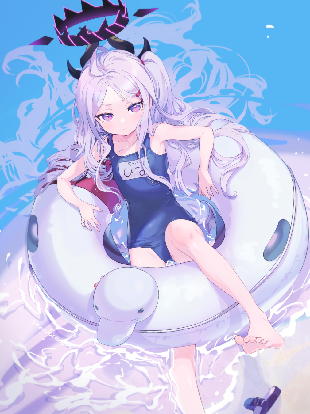 1girl ahoge bangs bare_arms bare_legs bare_shoulders barefoot blue_archive blue_swimsuit foot_out_of_frame grey_hair hair_ornament hairclip halo highres hina_(blue_archive) hina_(swimsuit)_(blue_archive) horns innertube long_hair looking_at_viewer machico multiple_horns one_side_up parted_bangs purple_eyes sandals sandals_removed school_swimsuit solo swimsuit very_long_hair water