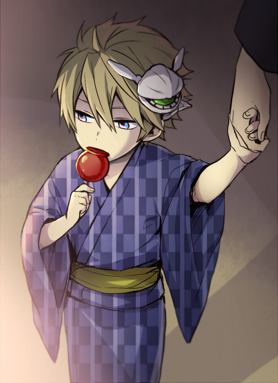 1boy 7100potechi bangs blue_eyes blue_kimono brown_hair candy_apple character_hair_ornament child covered_mouth cowboy_shot eating food hair_between_eyes hair_ornament hands_up holding_hands horns hyuse japanese_clothes kimono light_brown_hair long_sleeves looking_away looking_to_the_side male_child male_focus outstretched_arm plaid_kimono sash short_hair solo_focus themed_object torion_hei unmoving_pattern wide_sleeves world_trigger younger