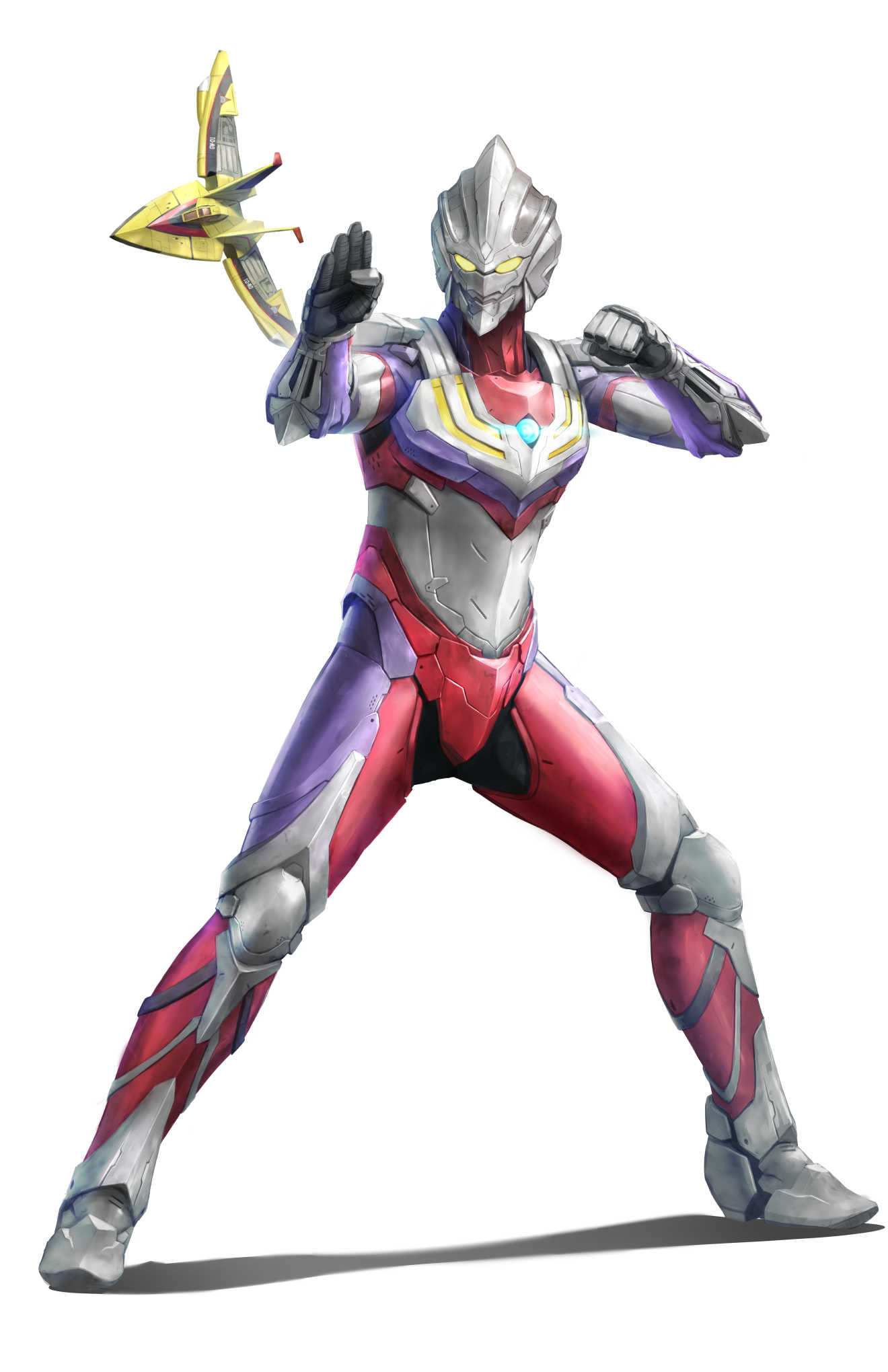 aircraft airplane clenched_hand fighting_stance flying guts_wing highres male_focus neocity222 open_hand power_armor science_fiction shadow ultra_series ultraman_(hero's_comics) ultraman_suit ultraman_tiga ultraman_tiga_(series) yellow_eyes