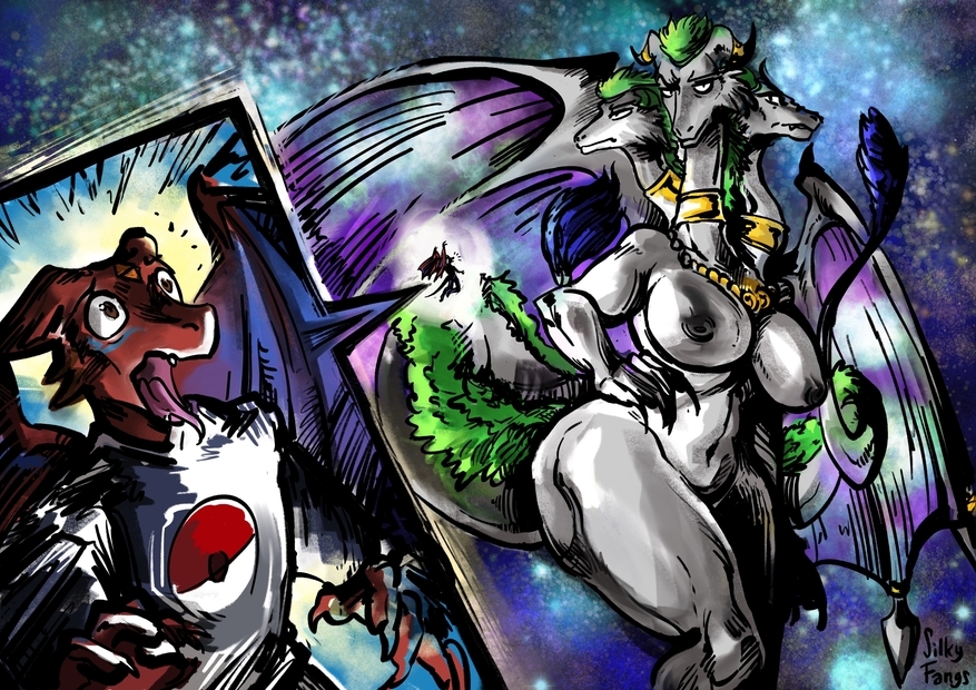 2_tails 3_heads angry annoyed anthro big_breasts breasts clothed clothed/nude clothed_male_nude_female clothing collar cryphara deity dragon duo extreme_size_difference female fluffy fluffy_tail furry_dragon ghidorah_(species) godzilla_(series) horn_collar huge_breasts hydra isaiah_williams jewelry jewerly_only male male/female mane monsterverse multi_head multi_tail necklace nude open_mouth rift_seekers_saga scared screaming silkyfangs space spread_wings tasteful_nudity thick_thighs toho unamused wide_eyed wings