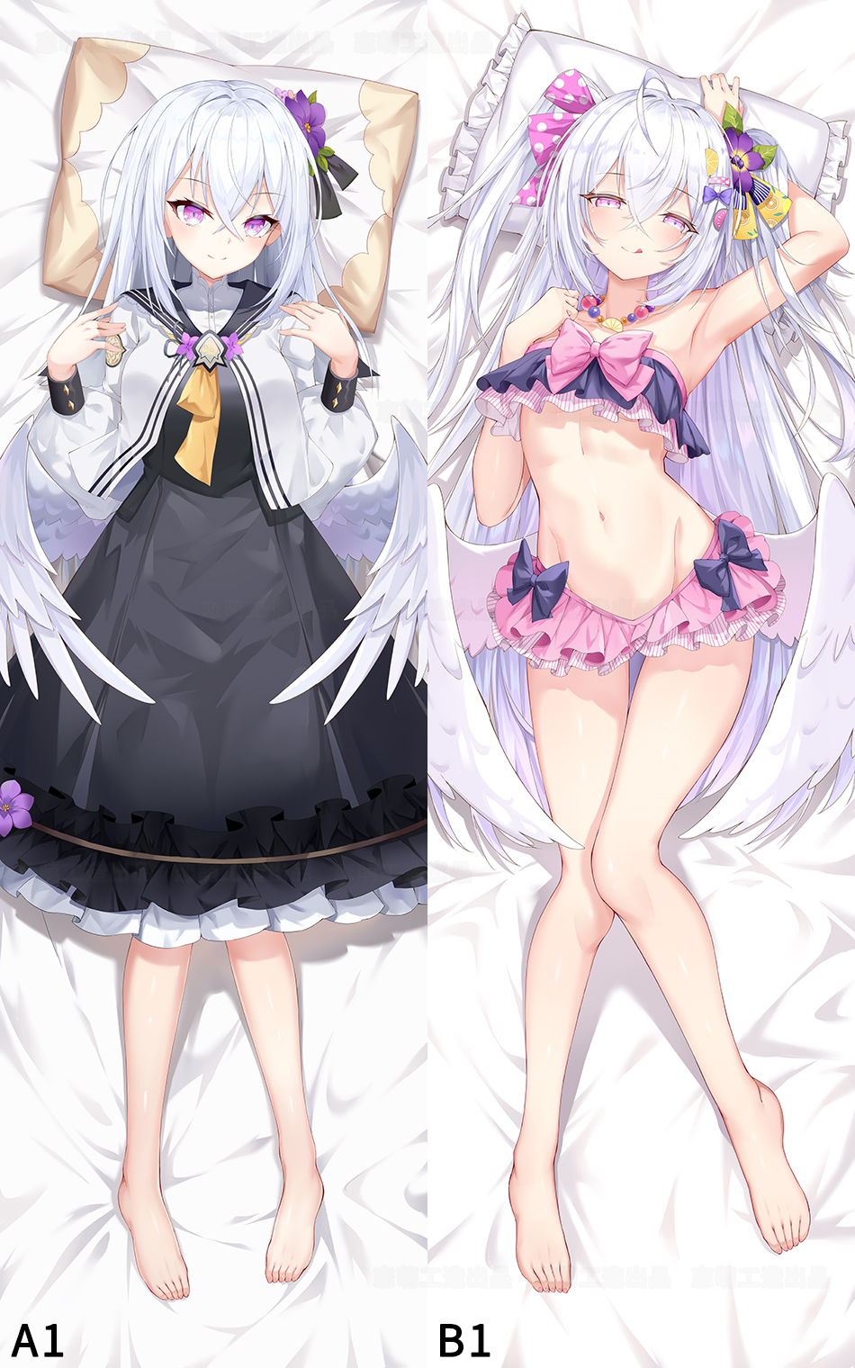 1girl ahoge azusa_(blue_archive) azusa_(swimsuit)_(blue_archive) bangs barefoot bikini blue_archive blue_bow blush bow breasts closed_mouth dakimakura_(medium) flower frilled_skirt frills grey_hair hair_between_eyes hair_flower hair_ornament hair_ribbon highres long_hair looking_at_viewer lying multiple_views on_back parted_lips pink_eyes pink_flower pink_skirt purple_flower ribbon salyut school_uniform skirt small_breasts smile swimsuit very_long_hair white_bikini yellow_flower