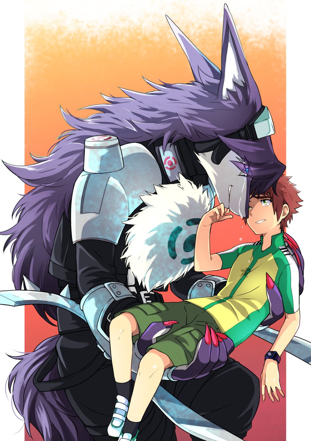 anthro appmon appmon_(species) bandai_namco canid canine canis carrying_partner digimon digimon_(species) duo eye_contact eyewear fur goggles grey_body grey_fur hair haruma7910 hi_res human long_hair looking_at_another male male/male mammal shutmon wolf yuujin_oozora