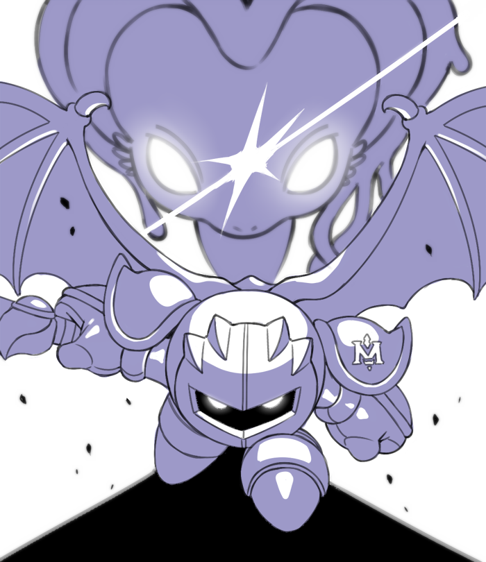 armor bat_wings fecto_forgo galaxia_(sword) gloves glowing glowing_eyes greyscale holding holding_sword holding_weapon kirby_(series) kirby_and_the_forgotten_land knightcall looking_at_viewer mask meta_knight monochrome monster no_humans pauldrons shadow shoulder_armor slashing sword weapon wings