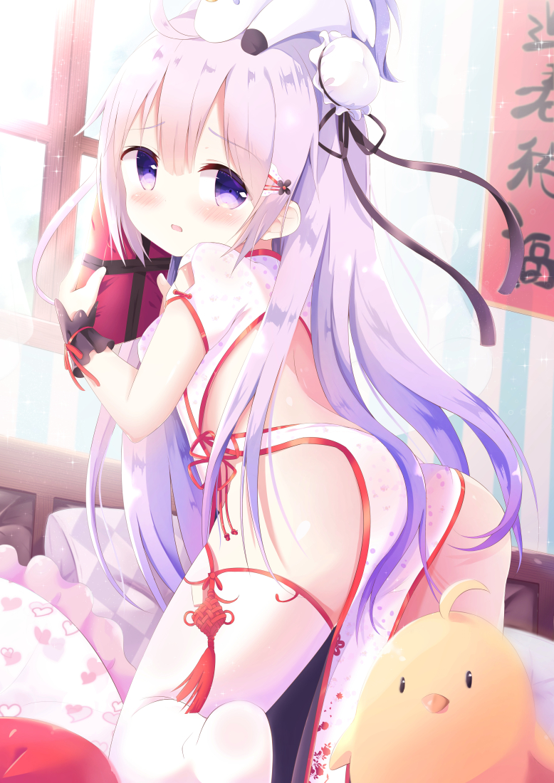 1girl ahoge ass azur_lane bangs blush box bun_cover china_dress chinese_clothes commentary_request day dress eyebrows_visible_through_hair from_behind gift gift_box hair_between_eyes hair_bun holding holding_gift indoors kittipat_jituatakul kneeling long_hair looking_at_viewer looking_back no_shoes on_head parted_lips pelvic_curtain pillow puffy_short_sleeves puffy_sleeves purple_eyes purple_hair short_sleeves side_bun soles solo striped stuffed_alicorn stuffed_animal stuffed_toy thighhighs translation_request unicorn_(azur_lane) vertical_stripes very_long_hair white_dress white_legwear window wrist_cuffs