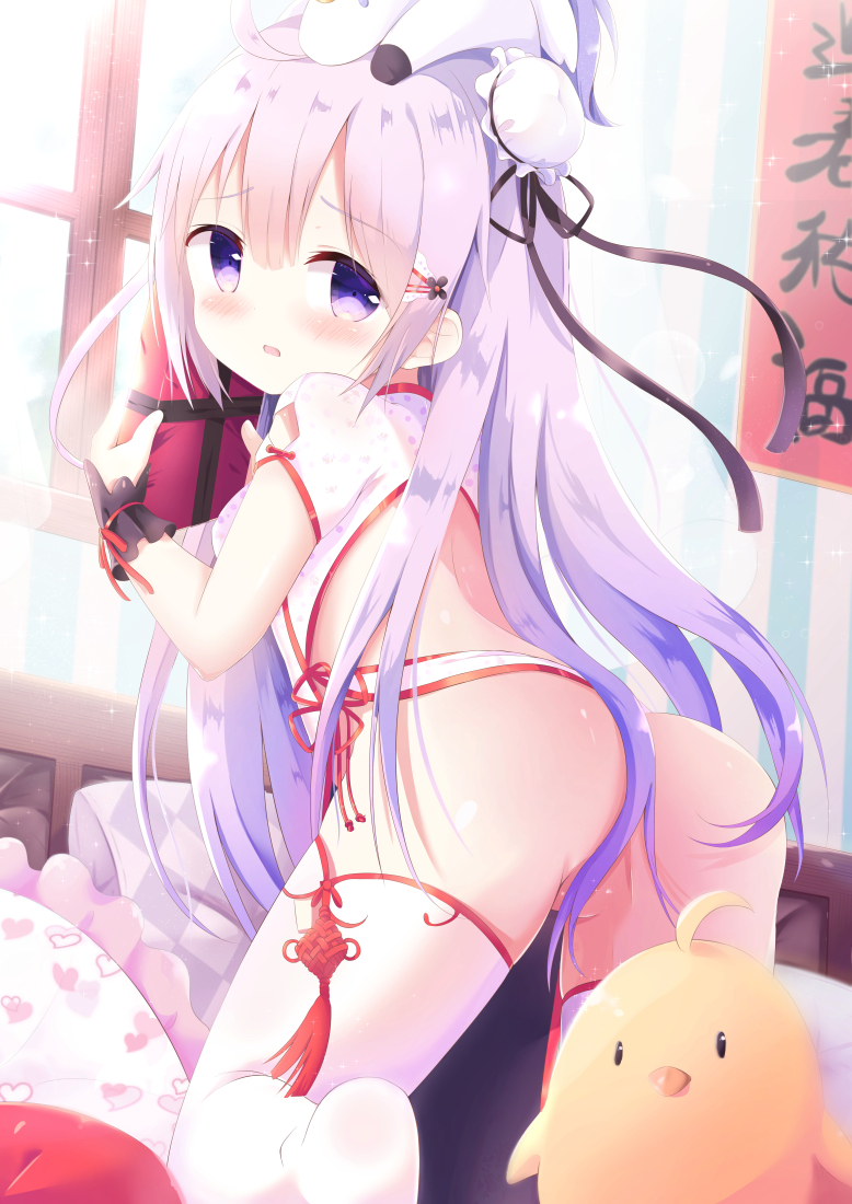 1girl ahoge ass azur_lane bangs blush box bun_cover china_dress chinese_clothes day dress eyebrows_visible_through_hair from_behind gift gift_box hair_between_eyes hair_bun hair_censor holding holding_gift indoors kittipat_jituatakul kneeling long_hair looking_at_viewer looking_back no_panties no_shoes on_head parted_lips partially_visible_vulva pillow puffy_short_sleeves puffy_sleeves purple_eyes purple_hair short_sleeves side_bun soles solo striped stuffed_alicorn stuffed_animal stuffed_toy thighhighs translation_request unicorn_(azur_lane) vertical_stripes very_long_hair white_dress white_legwear window wrist_cuffs