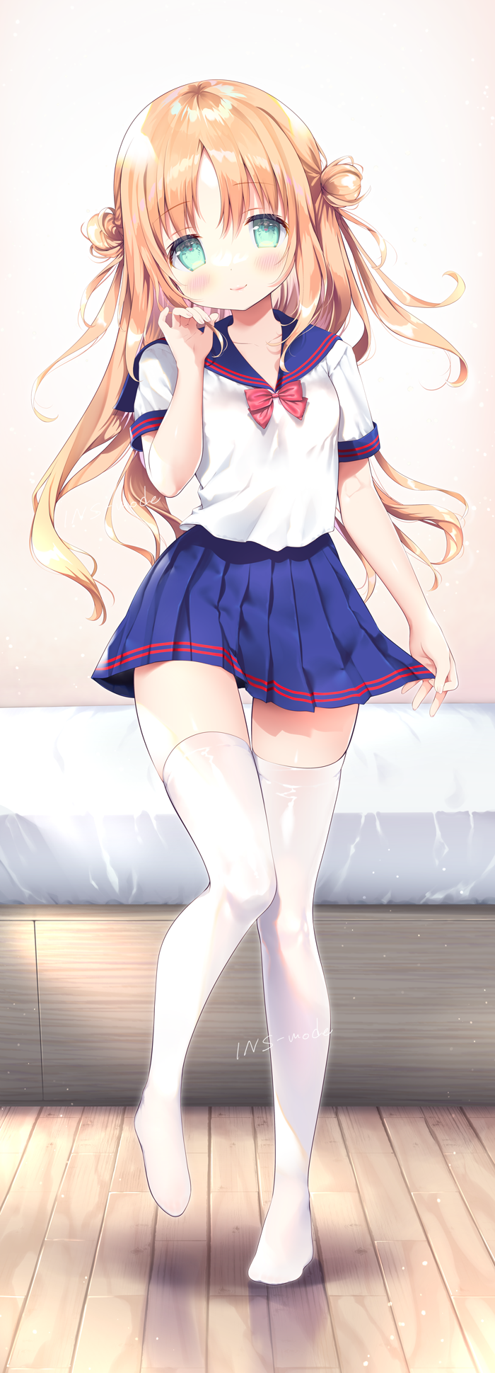 1girl amanagi_seiji bangs bed blue_sailor_collar blue_skirt blush bow breasts closed_mouth collarbone commentary_request double_bun green_eyes hair_bun hand_up head_tilt highres long_hair looking_at_viewer no_shoes original parted_bangs pleated_skirt red_bow sailor_collar school_uniform serafuku shirt short_sleeves signature skirt small_breasts smile solo standing standing_on_one_leg thighhighs very_long_hair white_shirt white_thighhighs wooden_floor