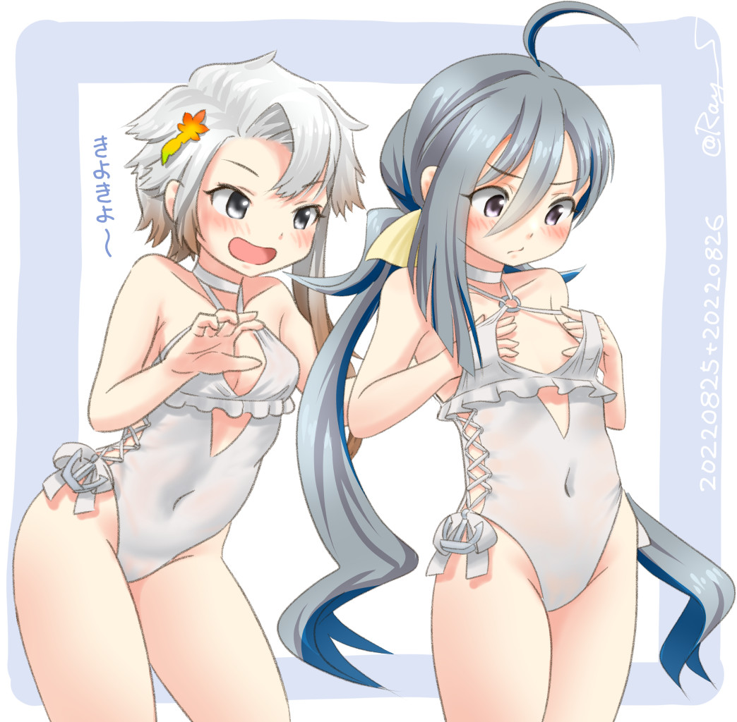 2girls ahoge akishimo_(kancolle) anchor_ornament asymmetrical_hair breast_conscious breasts brown_hair casual_one-piece_swimsuit choker commentary_request cosplay covered_navel cowboy_shot criss-cross_halter flat_chest flower frilled_swimsuit frills gradient_hair grey_eyes grey_hair hair_between_eyes hair_bun hair_flower hair_ornament hairband halterneck hands_on_own_chest highleg highleg_swimsuit kantai_collection kiyoshimo_(kancolle) leaf_hair_ornament leaning_forward low_twintails multicolored_hair multiple_girls one-hour_drawing_challenge one-piece_swimsuit open_mouth ray.s sagiri_(kancolle) sagiri_(kancolle)_(cosplay) short_hair short_hair_with_long_locks side-tie_swimsuit single_hair_bun small_breasts standing swimsuit twintails white_choker white_hair white_one-piece_swimsuit