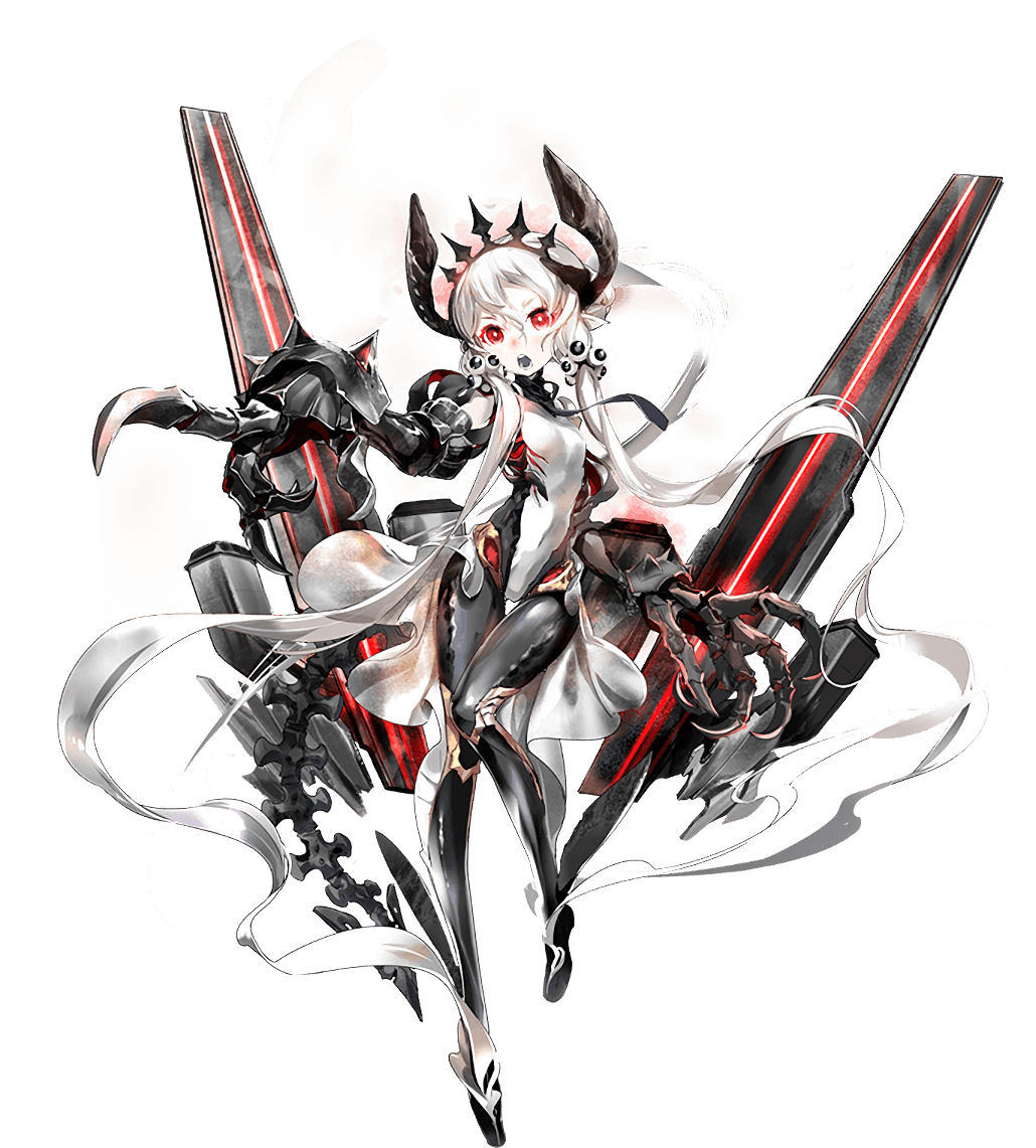 1girl abyssal_ship claws colored_skin gauntlets hair_between_eyes horns kantai_collection long_hair official_art open_mouth red_eyes sidelocks solo tiara transparent_background very_long_hair white_hair white_skin zeco