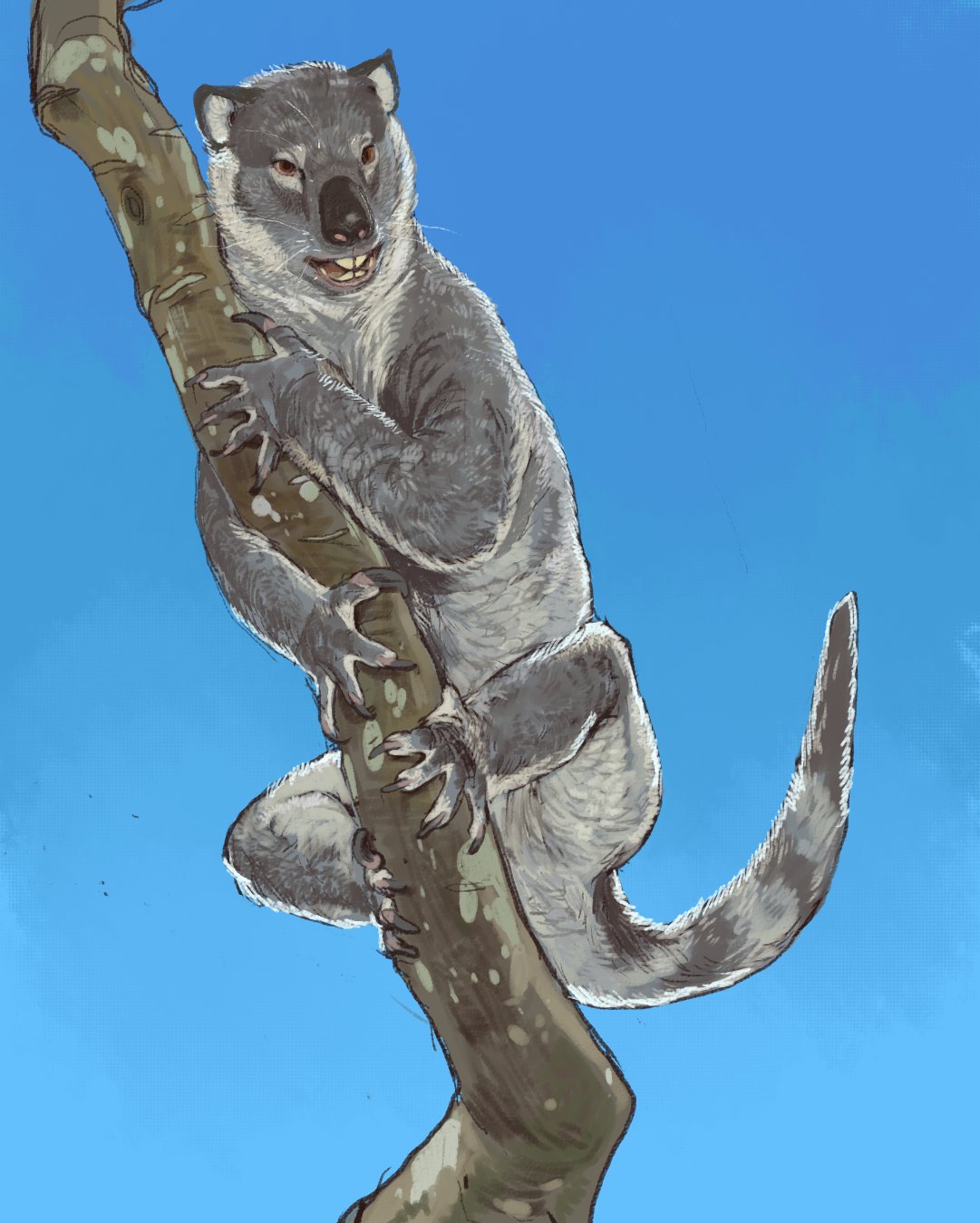 animal_focus blue_sky branch commentary day highres looking_at_viewer mossacannibalis no_humans original outdoors prehistoric_animal sky thylacoleo