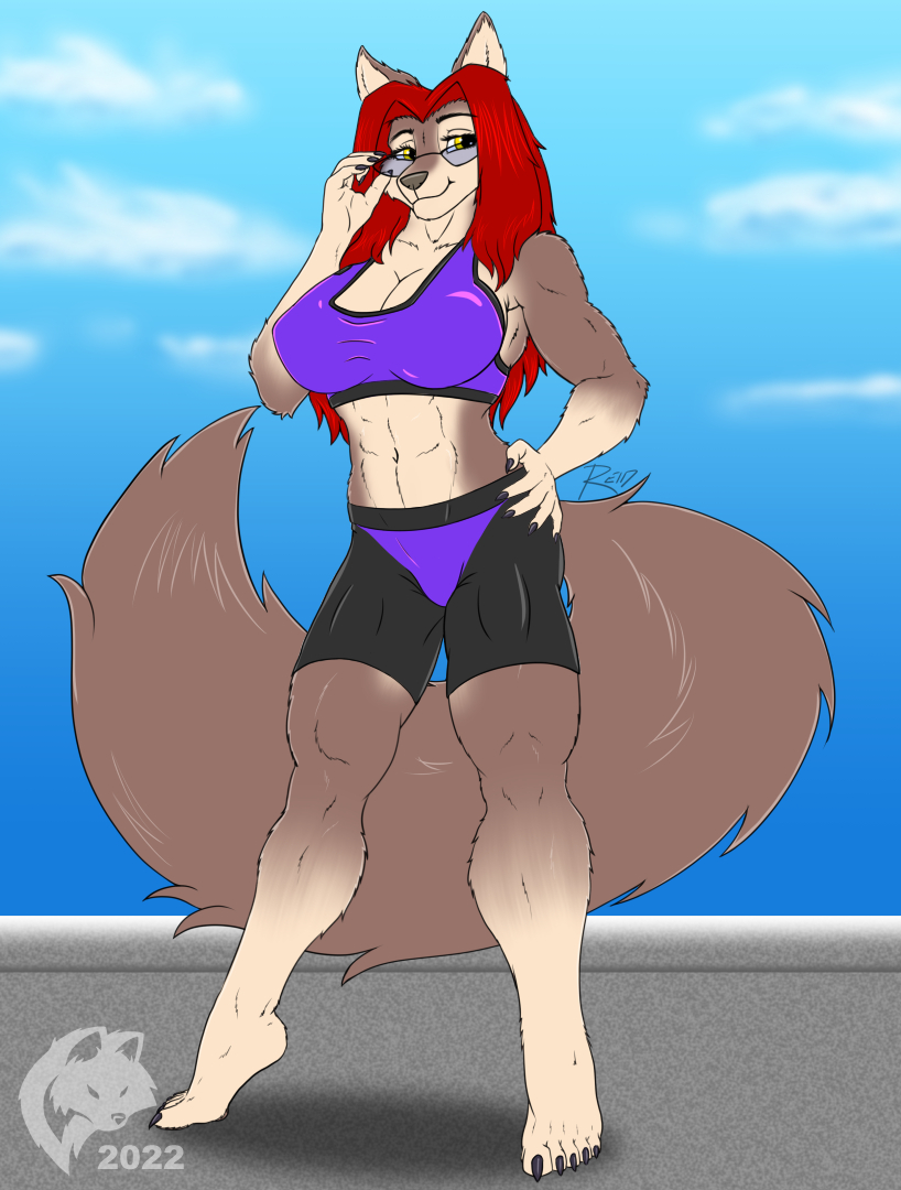 2022 5_fingers 5_toes abs alternate_color anthro athletic athletic_anthro athletic_female barefoot big_breasts bottomwear bra breasts canid canine claws cleavage clothed clothing day digital_media_(artwork) digitigrade eyewear feet female finger_claws fingers flat_colors fur ghostwolf glasses grey_body grey_fur grey_nose hair hand_on_hip hand_on_own_hip hindpaw humanoid_hands long_hair looking_at_viewer mammal multicolored_body multicolored_fur navel outside paws pose red_hair sarah_fraser shorts signature smile solo sports_bra standing tan_body tan_fur toe_claws toes two_tone_body two_tone_fur underwear were werecanid werecanine werewolf white_body white_fur