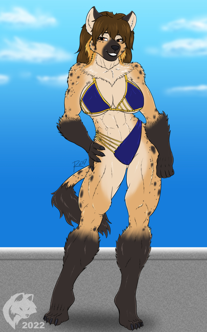 2022 5_fingers 5_toes abs adeola_oshodi anthro athletic athletic_anthro athletic_female barefoot big_breasts bikini bikini_bottom bikini_top black_nose black_spots blue_bikini blue_clothing blue_swimwear breasts brown_hair chest_tuft claws cleavage clothed clothing day digital_media_(artwork) digitigrade feet female finger_claws fingers flat_colors fur ghostwolf gloves_(marking) grin hair hand_on_hip hand_on_own_hip hindpaw humanoid_hands hyaenid inner_ear_fluff leg_markings long_hair looking_at_viewer mammal markings navel orange_eyes outside paws pose shakattax signature smile socks_(marking) solo spots spotted_body spotted_fur spotted_hyena standing swimwear tan_body tan_fur teeth toe_claws toes tuft under_boob