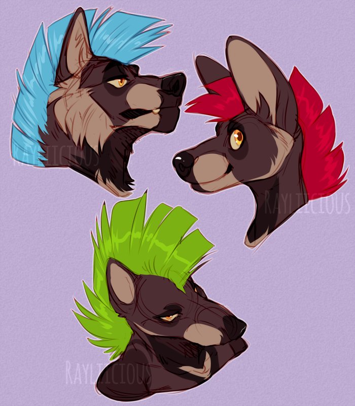 artist_name blue_hair brown_body brown_ears brown_fur bust_portrait canid colored_sketch fur glistening glistening_eyes glistening_nose green_hair hair headshot_portrait male mammal orange_eyes portrait rayliicious red_hair sketch sketch_page solo tan_body tan_fur tan_inner_ear