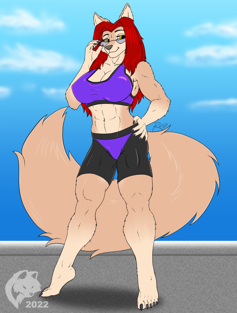 2022 5_fingers 5_toes abs anthro athletic athletic_anthro athletic_female barefoot big_breasts bottomwear bra breasts canid canine claws cleavage clothed clothing day digital_media_(artwork) digitigrade eyewear feet female finger_claws fingers flat_colors fur ghostwolf glasses grey_nose hair hand_on_hip hand_on_own_hip hindpaw humanoid_hands long_hair looking_at_viewer mammal navel outside paws pose red_hair sarah_fraser shorts signature smile solo sports_bra standing tan_body tan_fur toe_claws toes underwear were werecanid werecanine werewolf