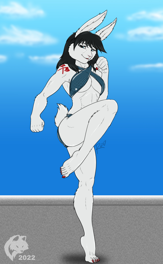 2022 5_fingers 5_toes abs anthro arm_tattoo athletic athletic_anthro athletic_female barefoot big_breasts bikini bikini_bottom bikini_top black_hair blue_eyes breasts butt cleavage clothed clothing colored_nails day digital_media_(artwork) digitigrade feet female fighting_pose fingernails fingers fist flat_colors fur ghostwolf hair hindpaw humanoid_hands lagomorph leporid long_hair looking_at_viewer mammal nails on_one_leg outside paws pink_nose pose rabbit raised_foot red_nails shoulder_tattoo signature smile solo sports_bikini standing swimwear tattoo toenails toes tuft under_boob valerie_warren white_body white_fur
