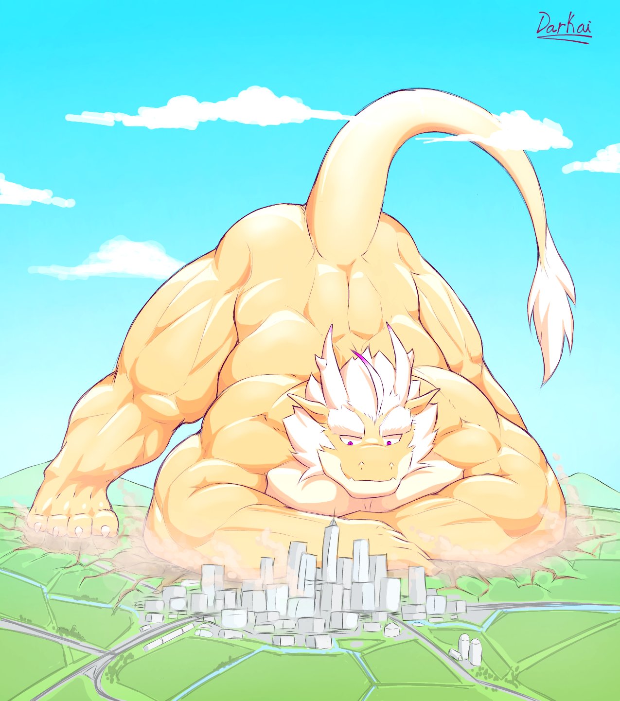 4_toes anthro back_muscles biceps city city_destruction darkai darkai_(character) dragon feet giga_macro hi_res horn jack-o'_pose landscape_dwarfing macro male muscular muscular_anthro muscular_male muscular_thighs paws pose solo toes