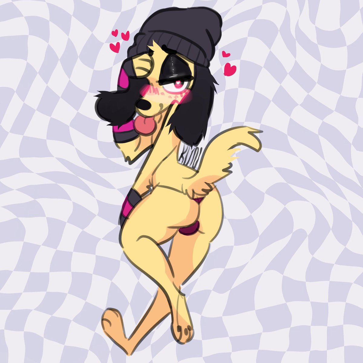 &lt;3 anthro arm_warmers armwear beanie bedroom_eyes bird_dog blep blush blush_lines brown_pawpads bulge butt canid canine canis checkered_background clothing domestic_dog floppy_ears fur golden_retriever half-closed_eyes hat headgear headwear hi_res hunting_dog inviting lamekun looking_at_viewer looking_back male mammal narrowed_eyes pattern_background pawpads paws raised_tail retriever seductive simple_background smile smirk smug smug_face solo thong tongue tongue_out underwear yellow_body yellow_fur