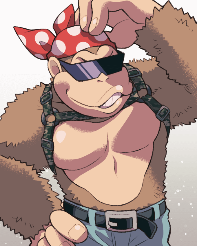 anthro ape bandanna belt bottomwear clothing donkey_kong_(series) eyewear funky_kong gorilla grin haplorhine harness kerchief male mammal minashirazu muscular muscular_male nintendo pecs primate shorts smile solo sunglasses video_games