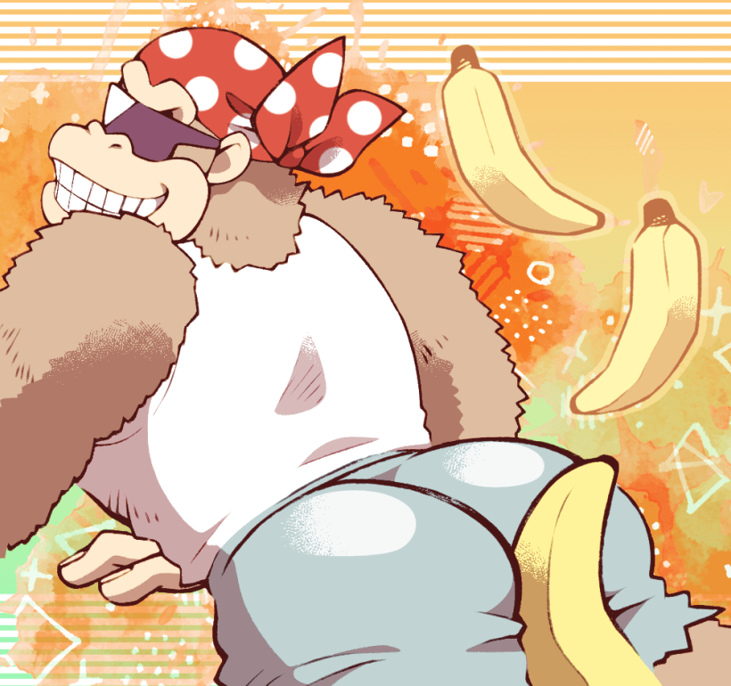 anthro ape banana bandanna bottomwear butt clothing donkey_kong_(series) eyewear food fruit funky_kong gorilla grin haplorhine kerchief looking_at_viewer looking_back looking_back_at_viewer male mammal minashirazu muscular muscular_male nintendo plant primate shirt shorts smile solo sunglasses tank_top topwear video_games