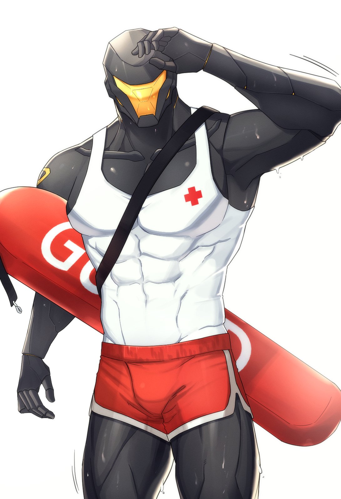 bodily_fluids bottomwear clothing cybernetics cyborg hi_res howondubu0908 humanoid lifeguard looking_at_viewer machine male muscular muscular_male robot shirt shorts solo sweat sweaty_legs sweaty_thighs swimwear tank_top topwear