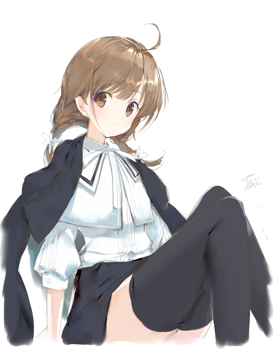 1girl adapted_costume ahoge arms_at_sides artist_name assault_lily bangs black_skirt black_thighhighs braid brown_eyes brown_hair closed_mouth commentary_request cropped_jacket cropped_legs feet_out_of_frame flower hair_flower hair_ornament jacket jacket_on_shoulders juliet_sleeves knees_together_feet_apart knees_up long_sleeves looking_at_viewer low_twin_braids low_twintails medium_hair miniskirt neck_ribbon open_clothes puffy_sleeves ribbon rokkaku_shiori school_uniform shirt signature simple_background sitting sketch skirt solo thighhighs twin_braids twintails white_background white_flower white_ribbon white_shirt white_skirt yaegashi_nan yurigaoka_girls_academy_school_uniform