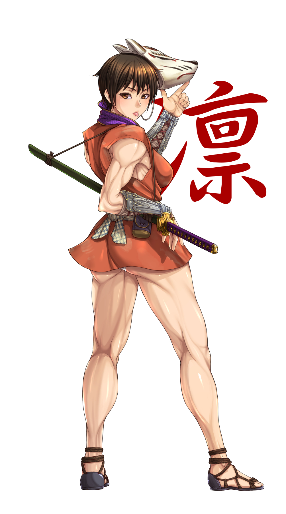1girl :p biceps bouningen breasts brown_eyes brown_hair commentary_request fox_mask full_body highres japanese_clothes kimono kneepits mask mask_on_head muscular muscular_female ninja ninjatou panties pantyshot photoshop_(medium) revision rin_(tenchuu) sandals sash scabbard sheath sheathed short_hair short_kimono short_sword sleeveless sleeveless_kimono small_breasts solo sword sword_behind_back tenchuu thick_thighs thighs toes tongue tongue_out underbutt underwear vambraces waraji weapon white_background white_panties