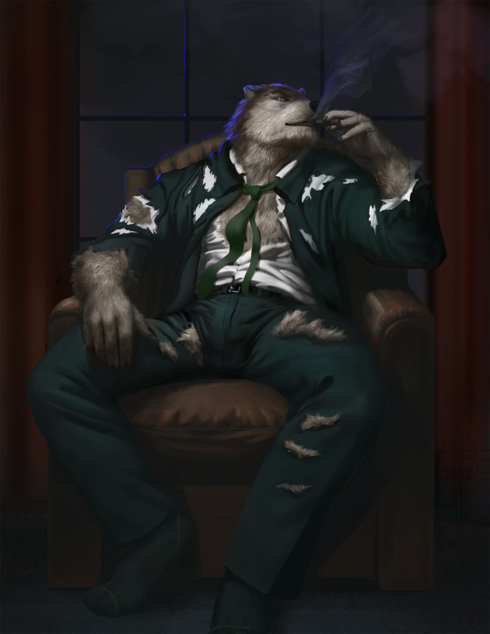 anthro canid canine canis chair cigar clothing furniture hi_res loculi looking_at_viewer male mammal necktie smoking solo suit torn_clothing wolf
