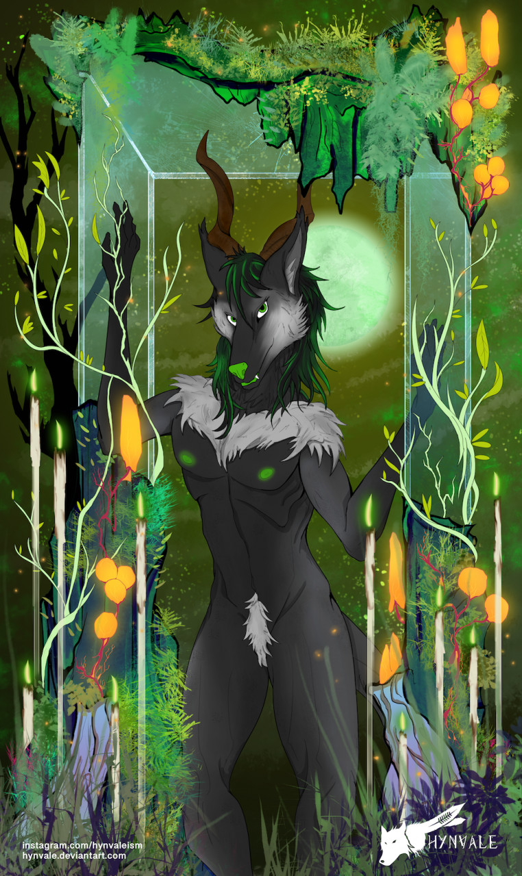 abstract_background anthro binx_(dr.noah_lee) black_body blue_eyes branch brown_background candle canid canine canis fangs forest glass grass green_background green_nose hair halloween hi_res holidays horn horror_(theme) hynvale looking_at_viewer male mammal moon nipples plant simple_background smile smirk solo storm tree wings wolf