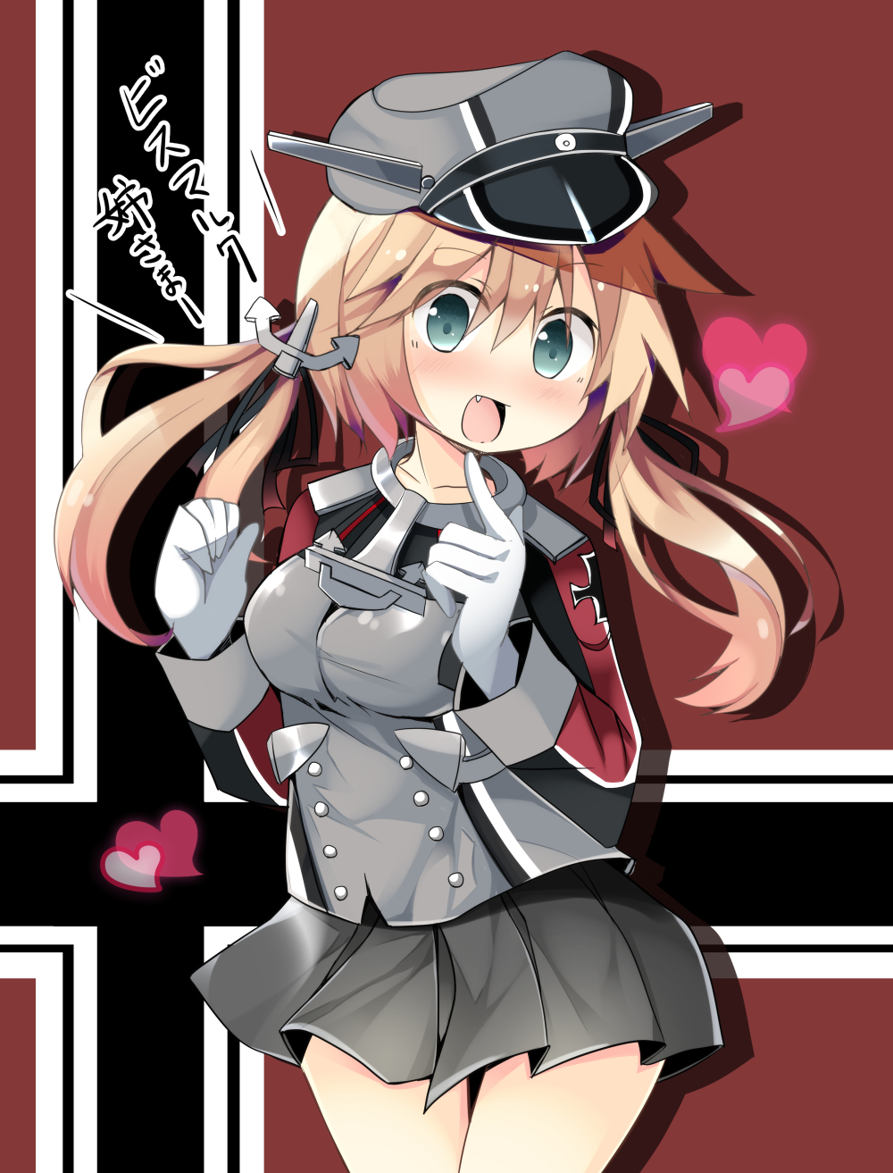 1girl aqua_eyes black_skirt blonde_hair blush collarbone cowboy_shot fang grey_headwear hair_between_eyes hat heart highres kantai_collection long_hair long_sleeves low_twintails military military_hat military_uniform miniskirt open_mouth peaked_cap pleated_skirt prinz_eugen_(kancolle) rurisakura skirt smile solo translation_request twintails uniform